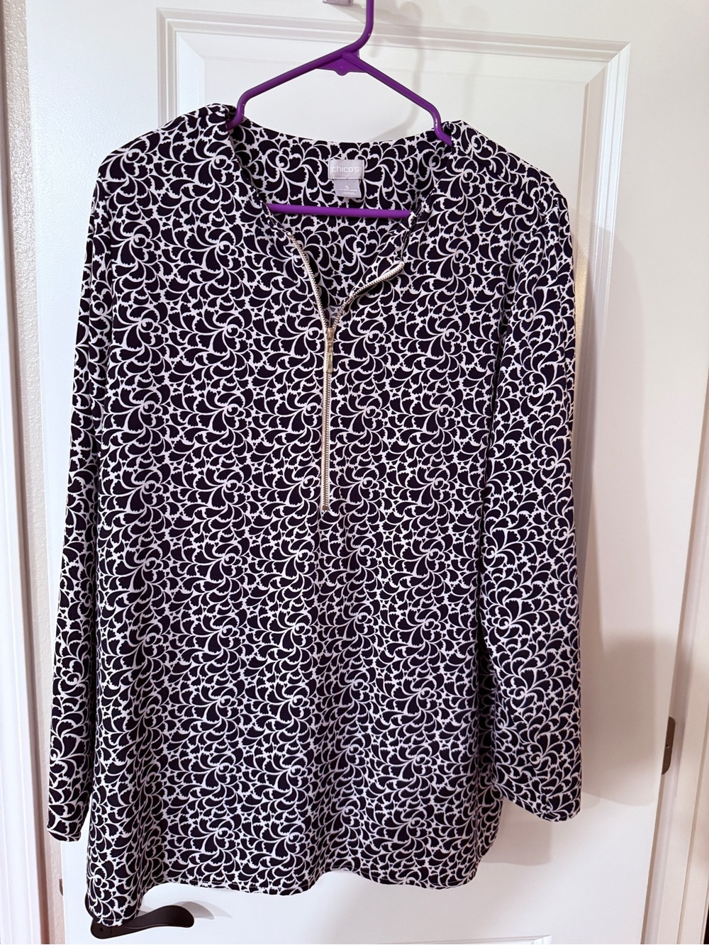 Chico's Black and White Floral-Style Zip Tunic